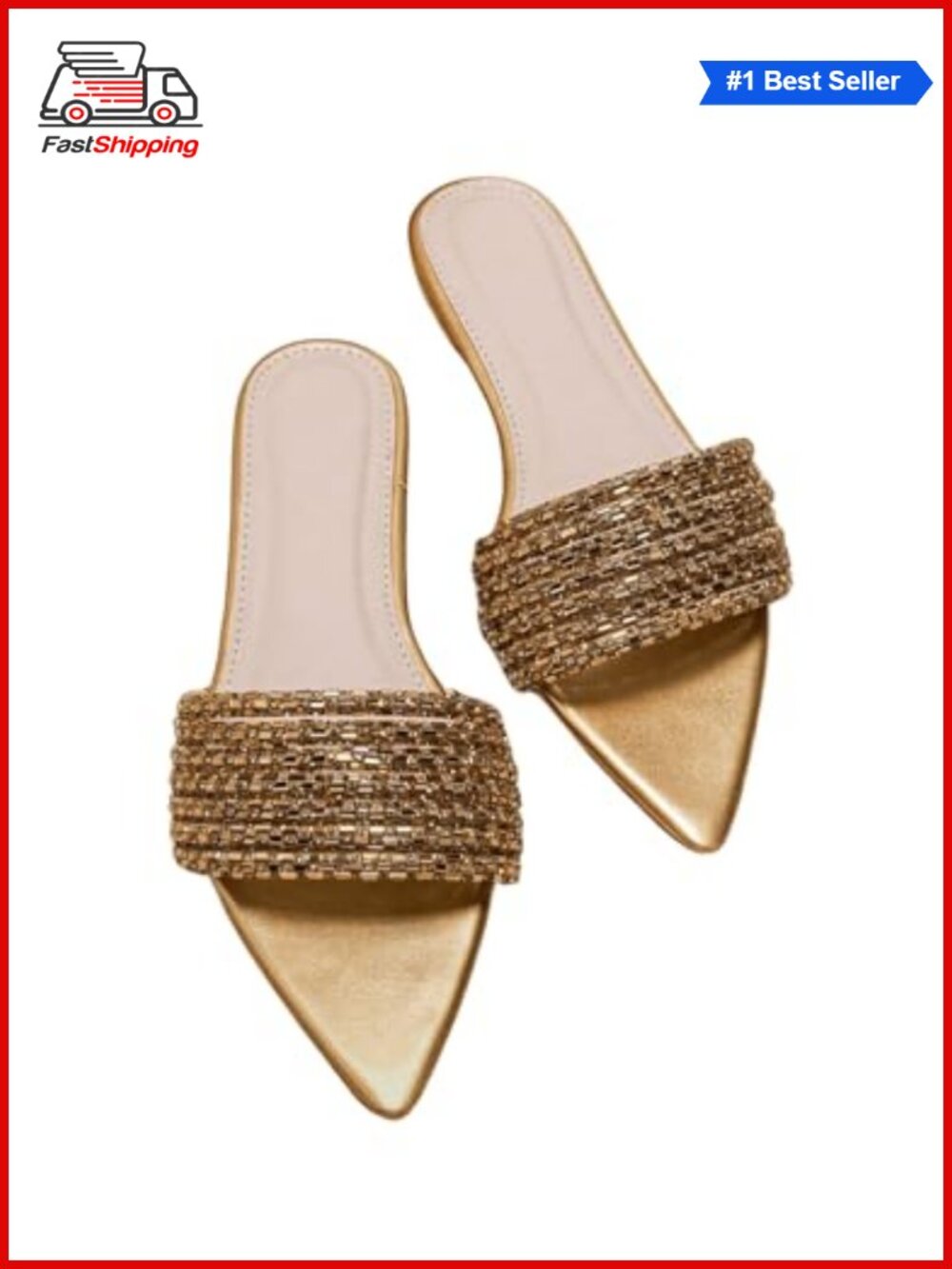 ✨GORGLITTER Faux Leather Rhinestone Pointed Open Toe Slide Sandals